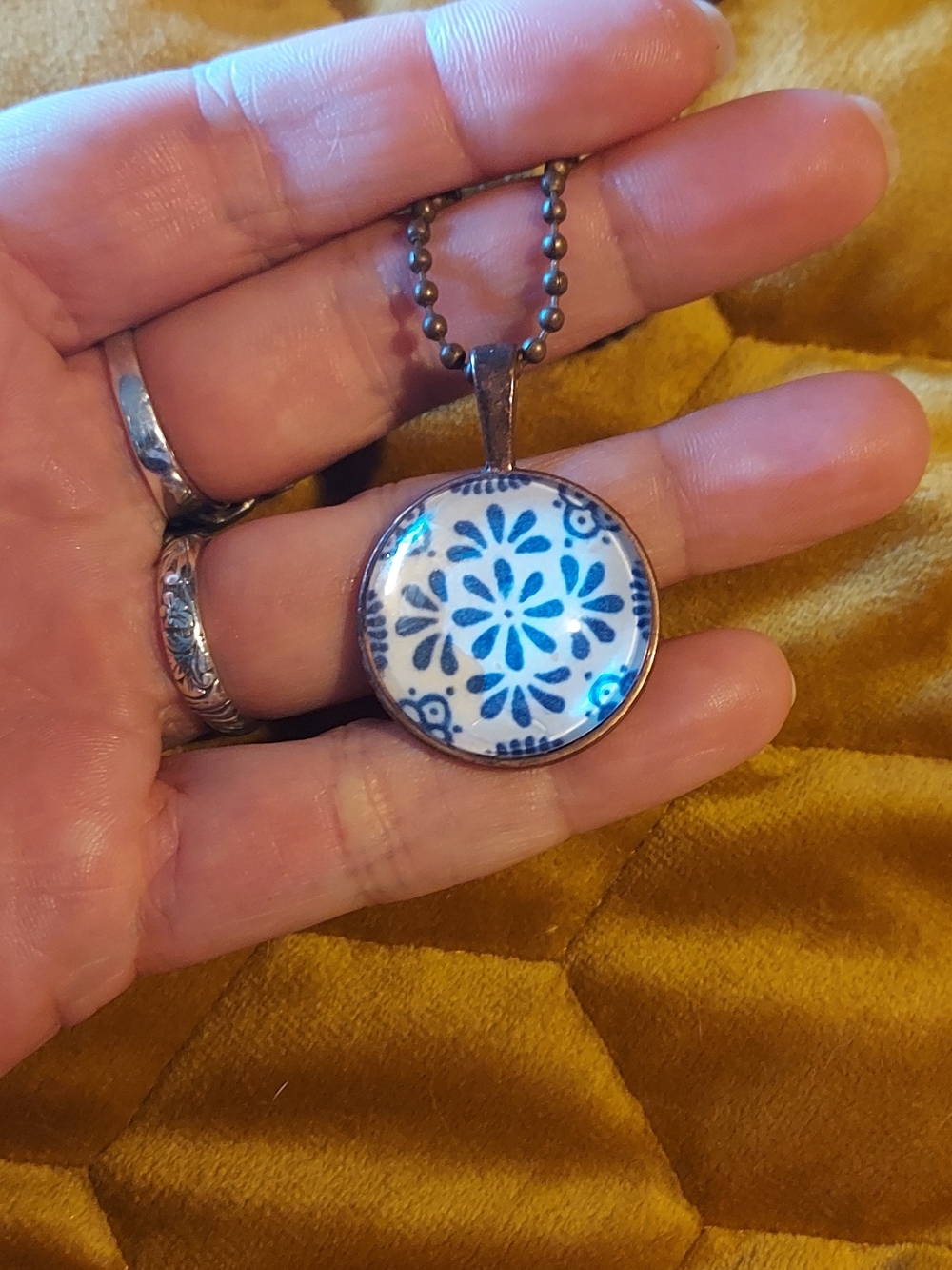 Blue Floral Glass Pendant Necklace